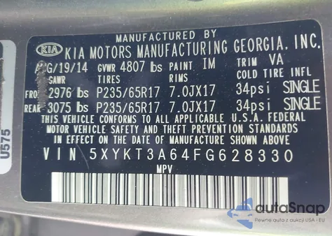 2015 Kia Sorento Lx from USA, damaged, VIN 5XYKT3A64FG628330